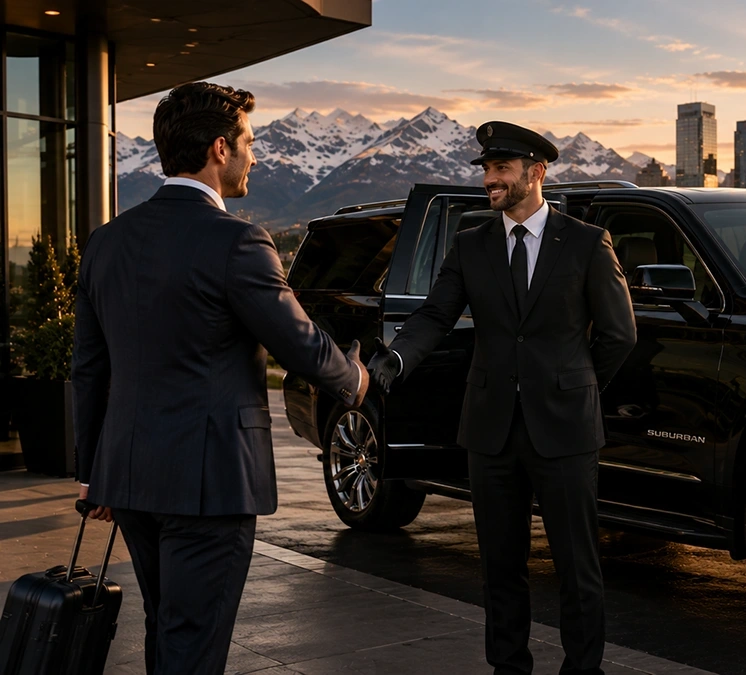 Professional Black Sedan chauffeur greeting a client