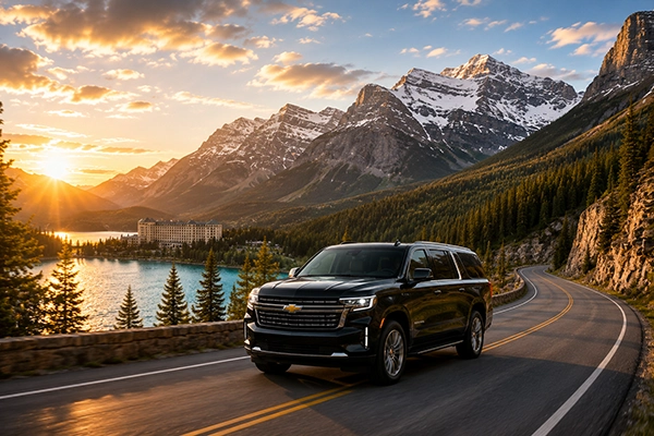Black Sedan luxury SUV on a scenic mountain road