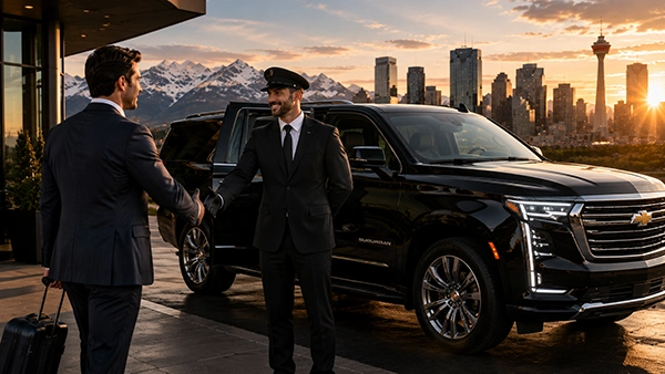 Professional Black Sedan chauffeur greeting a client
