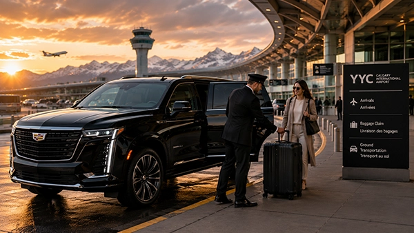 Black Sedan chauffeur assisting a client with luggage